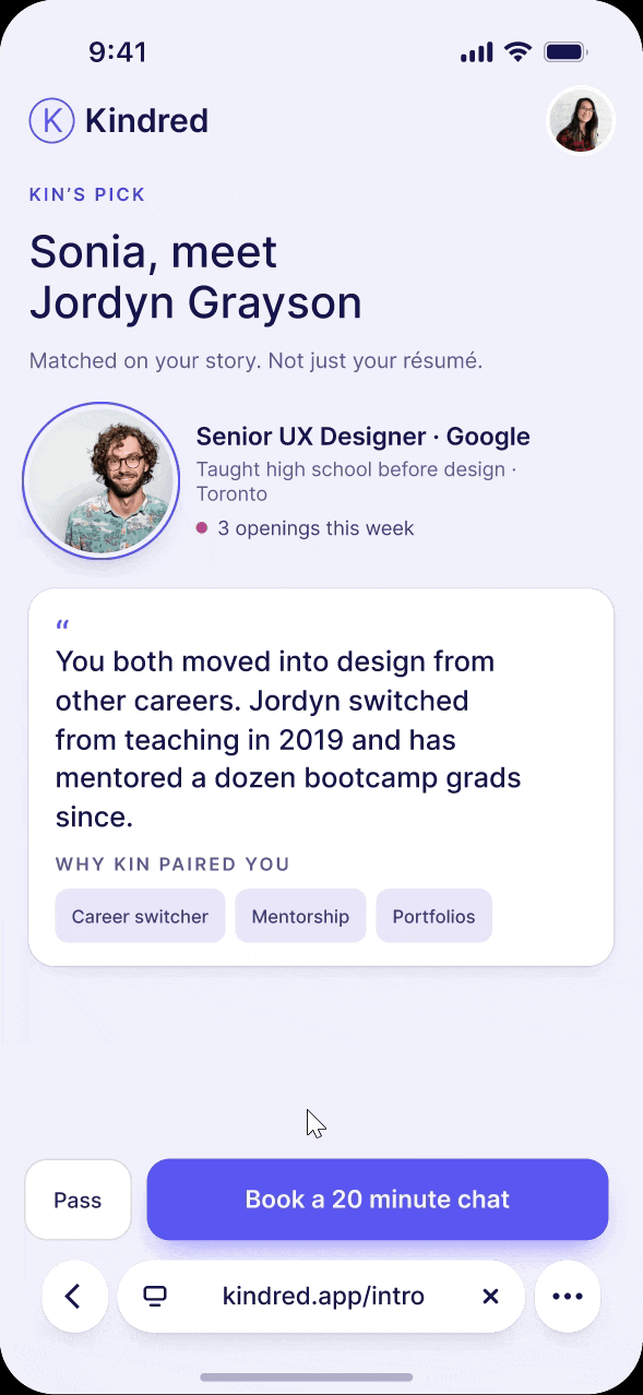 Kindred mentor match and booking walkthrough